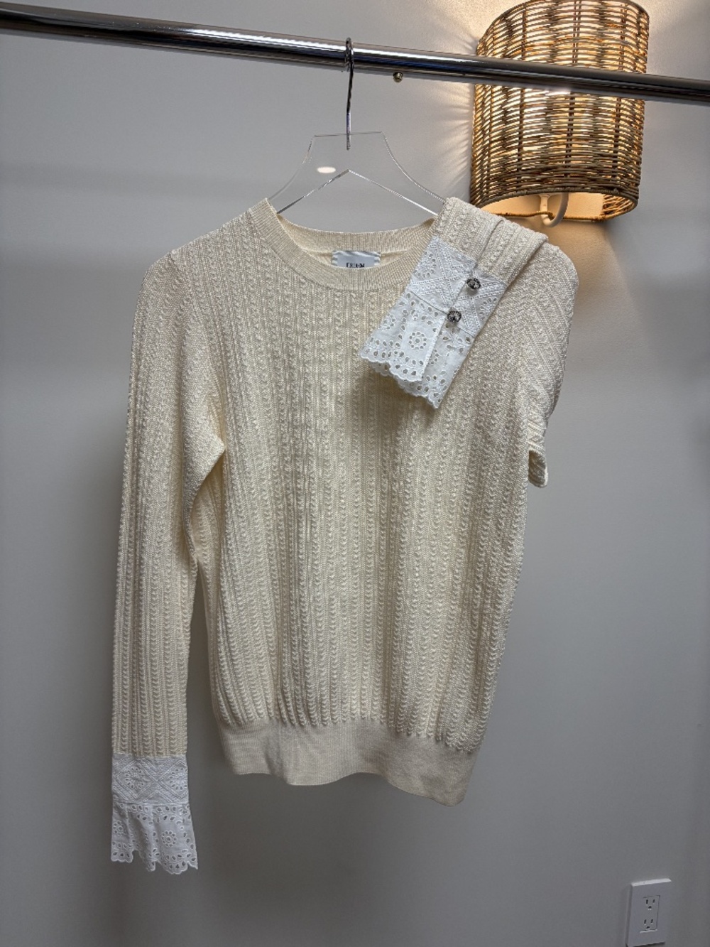 Erdem Cream Knit Sweater with Eyelet Lace Cuffs